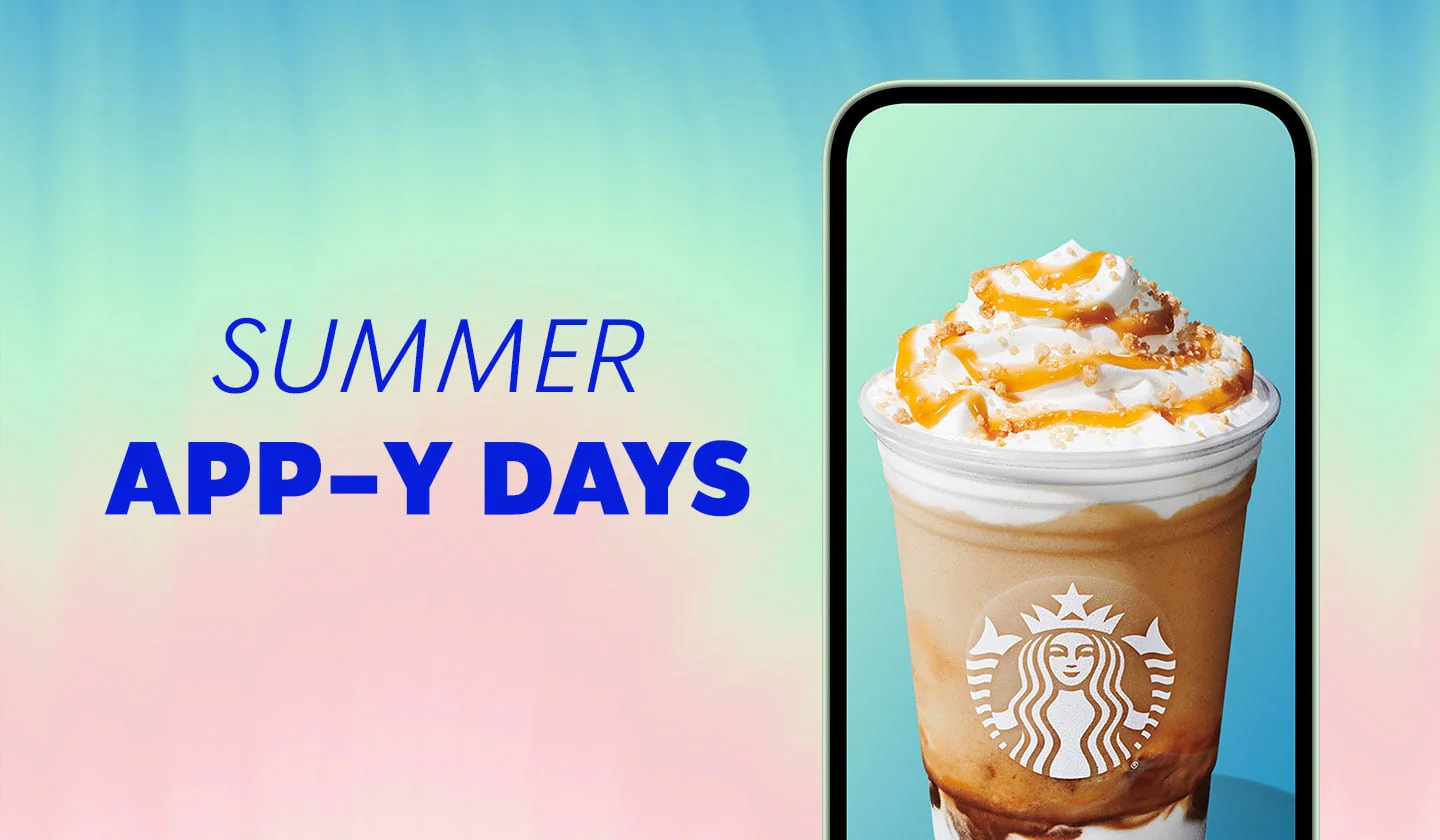 The text “Starbucks® Summer Game: Dream Days” on a magenta background surrounded by prize icons.